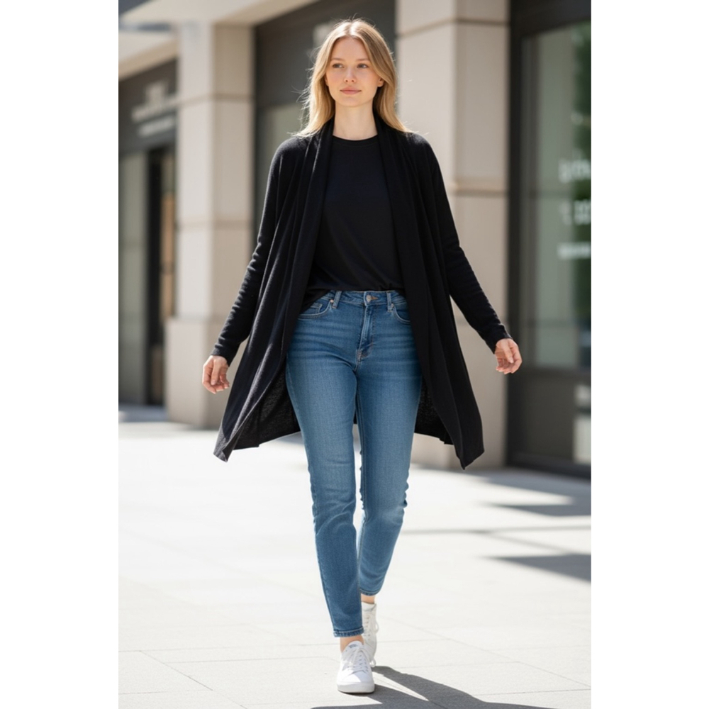 Size L VASS Black Open-Front Draped Collar Long Sleeve Knit Cardigan Sweater